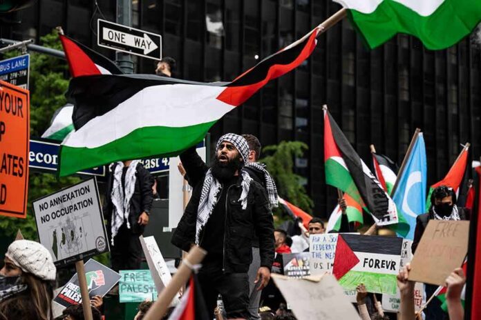 Protesters wave Palestinian flags at a city demonstration