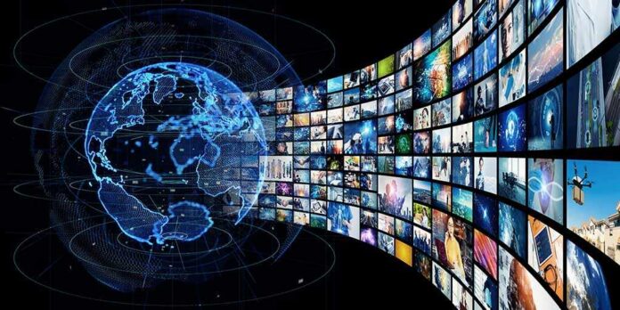 A,Collage,Of,Global,Networks,And,Video,Technology.,Wide,Angle Digital globe with curved wall of multimedia screens