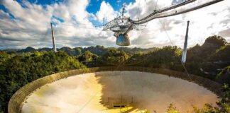 Arecibo radio telescope dish in a lush valley