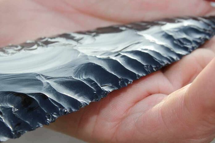 shutterstock_1373639777 Hand holding a flaked obsidian blade