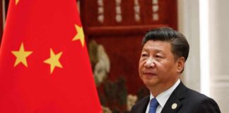 Xi Jinping standing beside a Chinese flag