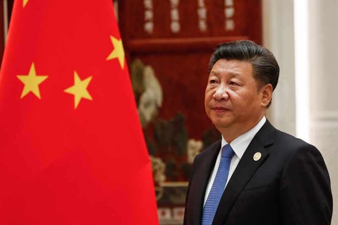 shutterstock_1376982239 Xi Jinping standing beside a Chinese flag