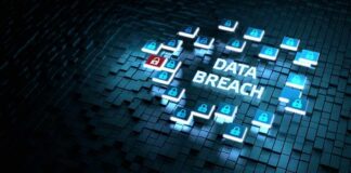 Cybersecurity concept with data breach alert and padlock icons