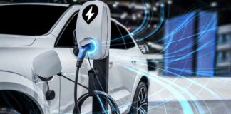 Electric car charging at a station