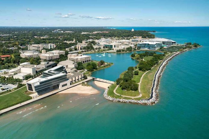 shutterstock_2041006499 aerial view of a lakeside university campus with lagoon and curved shoreline