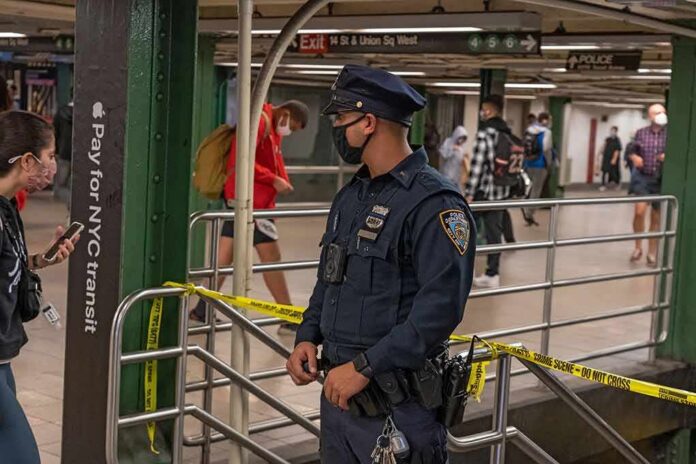 shutterstock_2063809631 Police officer stands in a subway station near caution tape