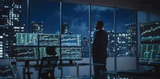 Trader in a dark office with multiple stock monitors and city skyline at night