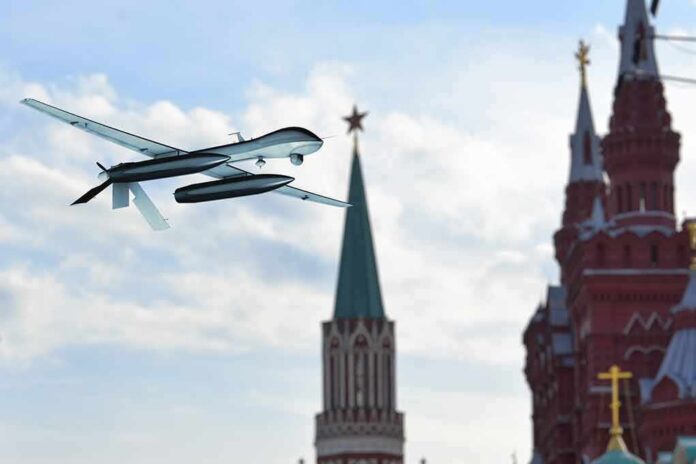 shutterstock_2297561489 military drone flying near ornate red-brick towers