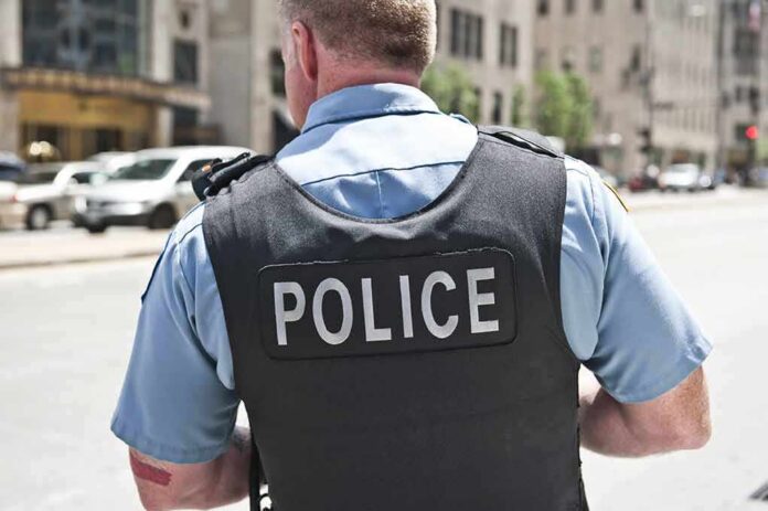 shutterstock_274907645 Police officer in uniform from behind on a city street
