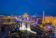 Las Vegas Strip skyline with Bellagio fountains at night