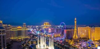 Las Vegas Strip skyline with Bellagio fountains at night