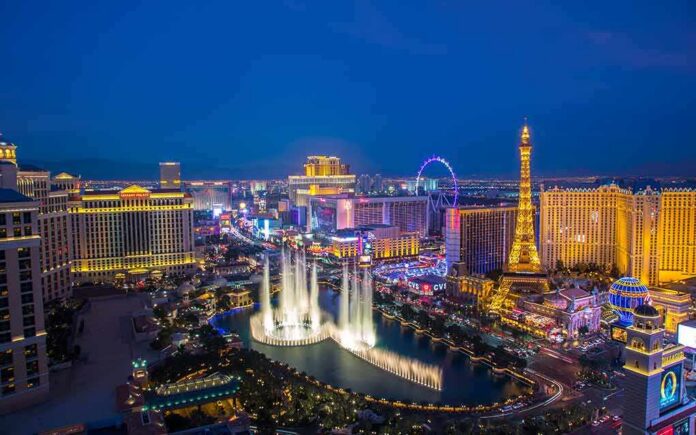 shutterstock_1029857203 Las Vegas Strip skyline with Bellagio fountains at night