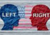 Key Senate Race Turns NASTY in First Debate Blue and red paper head silhouettes facing each other over a faded U.S. flag