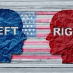 Key Senate Race Turns NASTY in First Debate Blue and red paper head silhouettes facing each other over a faded U.S. flag