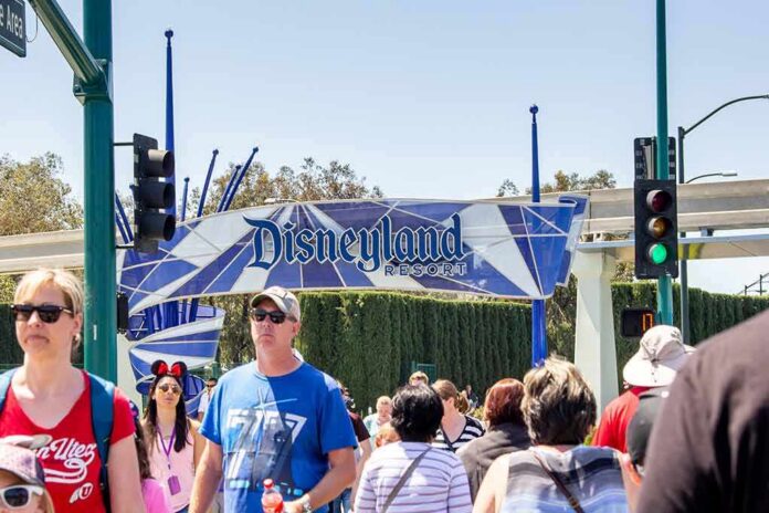 Crowd walking past a Disneyland Resort entrance sign