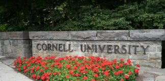 Cornell University stone sign with red flowers