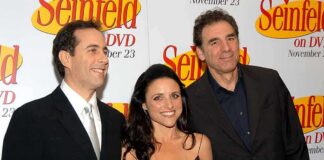 Three actors posing together at a promotional event for Seinfeld on DVD