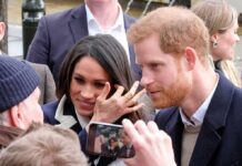 Prince Harry and Meghan, Duchess of Sussex greet people in a crowd