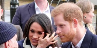 Prince Harry and Meghan, Duchess of Sussex greet people in a crowd