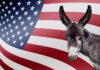 Donkey in front of an American flag