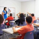 Hochul DEFIES Teachers Unions to Back Trump Plan Teacher leading classroom discussion with students raising hands