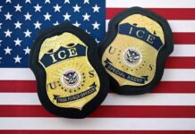 ICE Deletes DAMNING Reports on 33 Deaths ICE badges on an American flag background